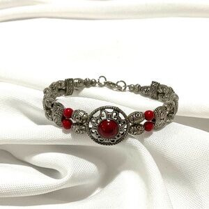 Tibertan Silver-Tone Red Beads & Cabochon Bracelet